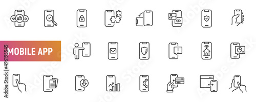 Mobile app hand hold phone line icon. Vector thin smart phone device digital application set design screen template