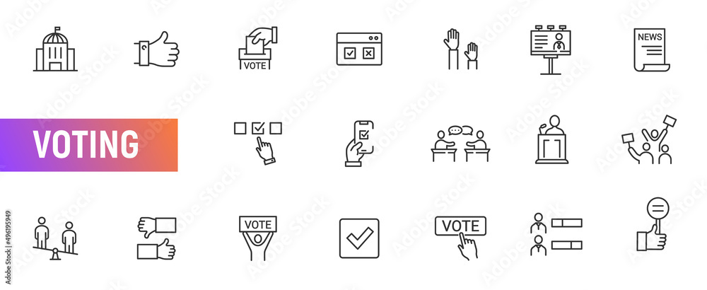 Voting politic line icon election. Ballot vote poll public button survey tick box, democracy voter sign set Voting politic line icon election. Ballot vote poll public button survey tick box, democracy voter sign set