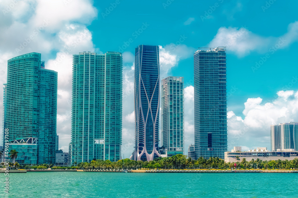 Aerial view over financial district of Miami, Florida, USA.