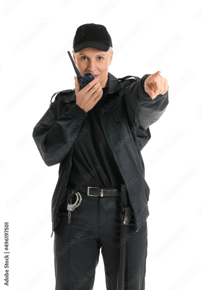 Female security guard with radio transmitter isolated on white Female security guard with radio transmitter isolated on white