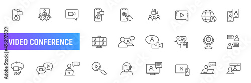 Video conference room line icon webinar. Video call outline interview vector conference camera trainig symbol