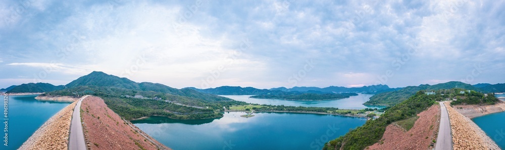 Aerial view of the Dam of High Island Reservoir, Sai Kung, Hong Kong, daytime, panorama