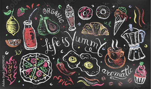 Food and drink illustrations with hand drawn lettering quotes on chalkboard. Menu banner on blackboard. Pastel drawing 