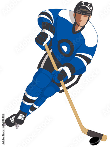 Canvas Print hockey player in blue uniform, skating with hockey stick isolated on a white bac