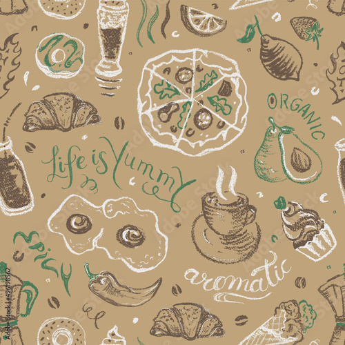 Food and drinks chalk drawing seamless pattern on cardboard. Pizza, fried eggs, pastry, lemon, coffee, avocado, smoothie, cakes, ice cream, croissant Illustrations in organic handmade style