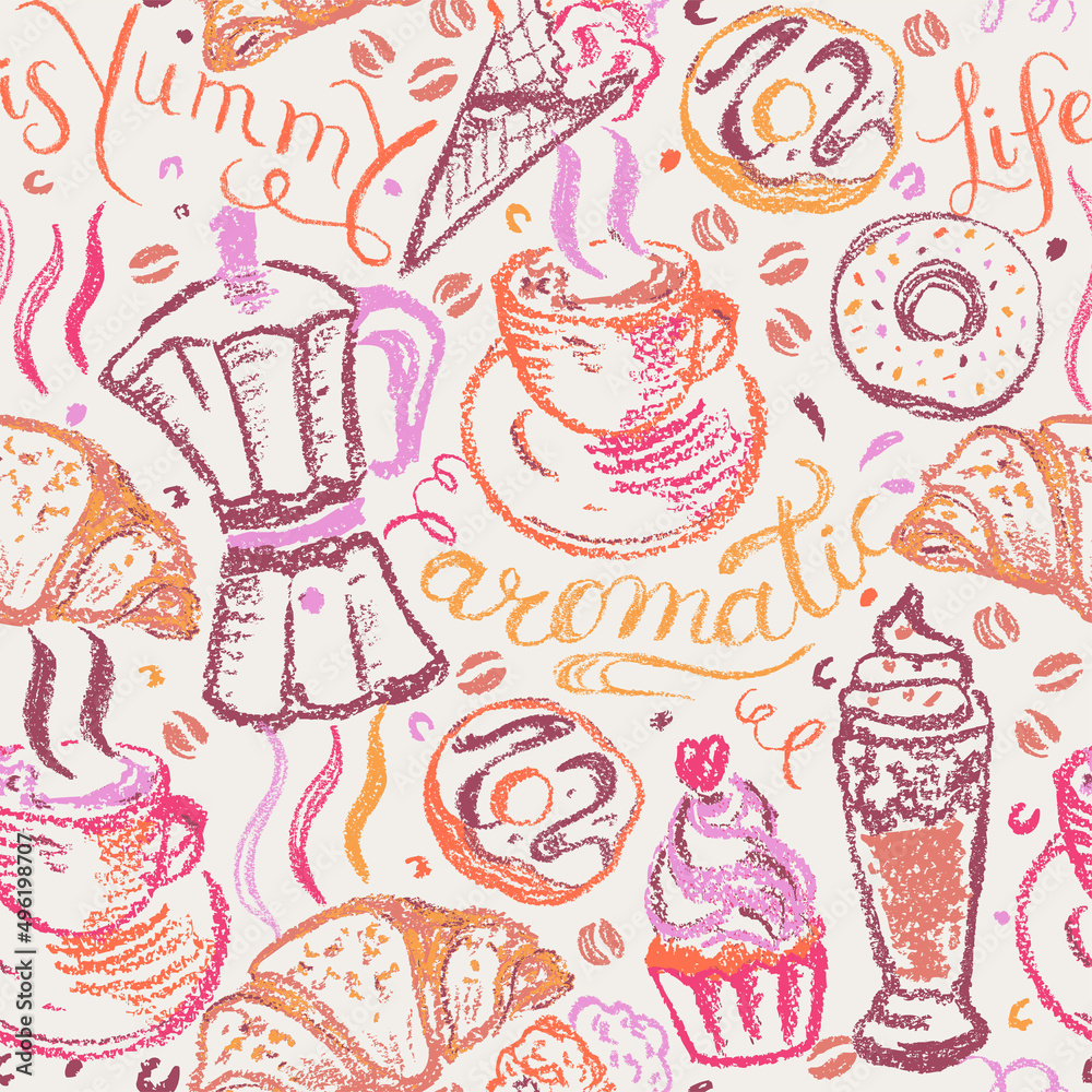 Desserts, pastry and coffee seamless pattern with hand drawn lettering quotes in bright crayons