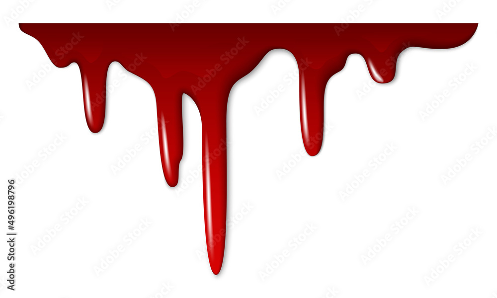 Realistic red liquid drip. Dripping blood, spilled ketchup or ink 