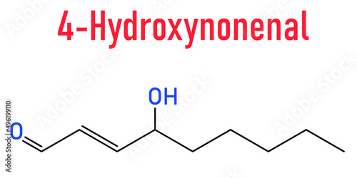 4-Hydroxynonenal (HNE) molecule. Metabolite produced by lipid peroxidation of polyunsaturated omega-6 fatty acids. Skeletal formula.