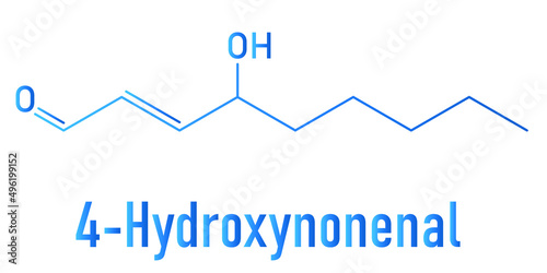 4-Hydroxynonenal (HNE) molecule. Metabolite produced by lipid peroxidation of polyunsaturated omega-6 fatty acids. Skeletal formula.