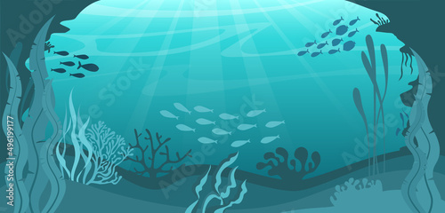 Undersea world. Coral reef illustration. Sea underwater background. Algae and corals
