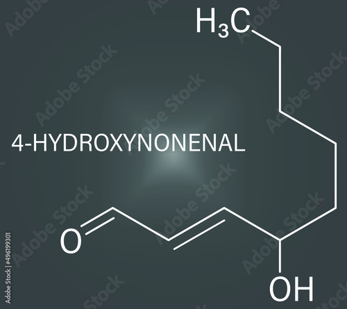 4-Hydroxynonenal (HNE) molecule. Metabolite produced by lipid peroxidation of polyunsaturated omega-6 fatty acids. Skeletal formula.