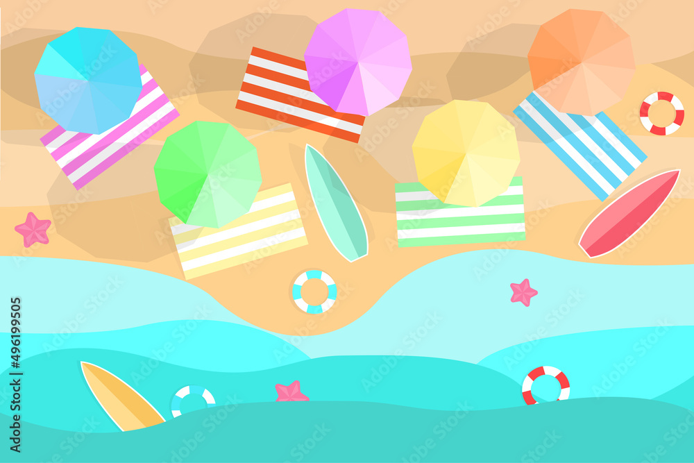 beach in summer with water umbrellas towel waves lifebuoy surf and starfish on vacation beach in summer with water umbrellas towel waves lifebuoy surf and starfish on vacation