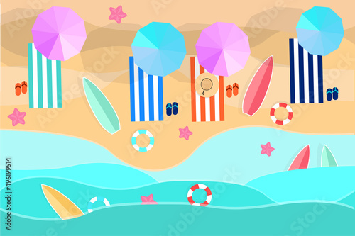 beach in summer with water umbrellas towel waves lifebuoy surf and starfish on vacation