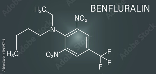Benfluralin herbicide molecule. Skeletal formula.