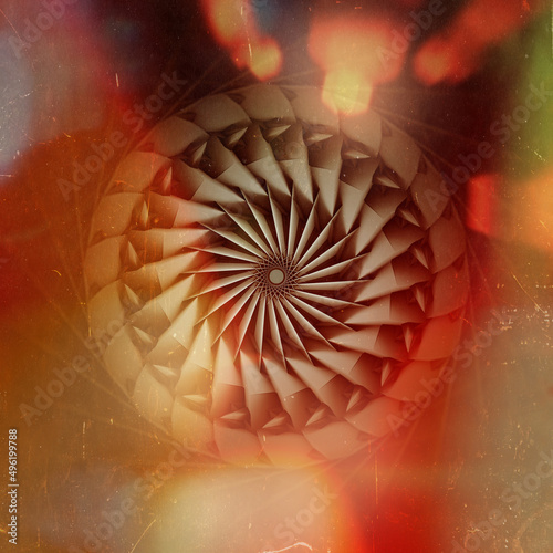 3d render of abstract art with surreal 3d machinery industrial turbine aircraft jet engine or flower in spiral twisted shape with grunge and blurry effect and light leaks