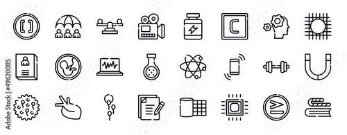 in the library thin line icons collection. in the library editable outline icons set. mechanics, wire gauze, biography, embryo, electrocardiogram, chemical reaction stock vector.