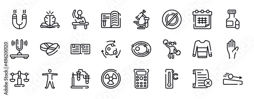 physics thin line icons collection. physics editable outline icons set. timetable, pill jar, tuning fork, drugs, essay, metabolism stock vector.