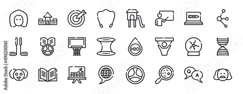 literature thin line icons collection. literature editable outline icons set. online education, molecules, golf equipment, driving school, basketball equipment, wormhole stock vector.