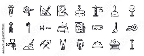 tools and hinery thin line icons collection. tools and hinery editable outline icons set. dustpan  stopping  nail puller  wood cutter  calipers  two spatulas stock vector.