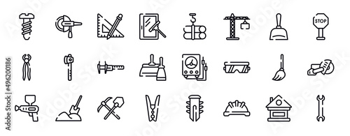 tools and hinery thin line icons collection. tools and hinery editable outline icons set. dustpan, stopping, nail puller, wood cutter, calipers, two spatulas stock vector.
