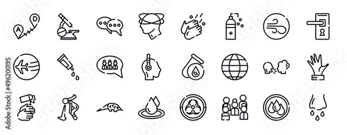 thin line icons collection. editable outline icons set. air, doorknob, travelling, gel, group, fever stock vector.