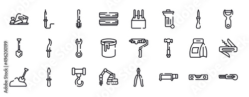 tools and hinery thin line icons collection. tools and hinery editable outline icons set. null, peeler, long shovel, kirpan, adjustable wrench, paint can open stock vector.