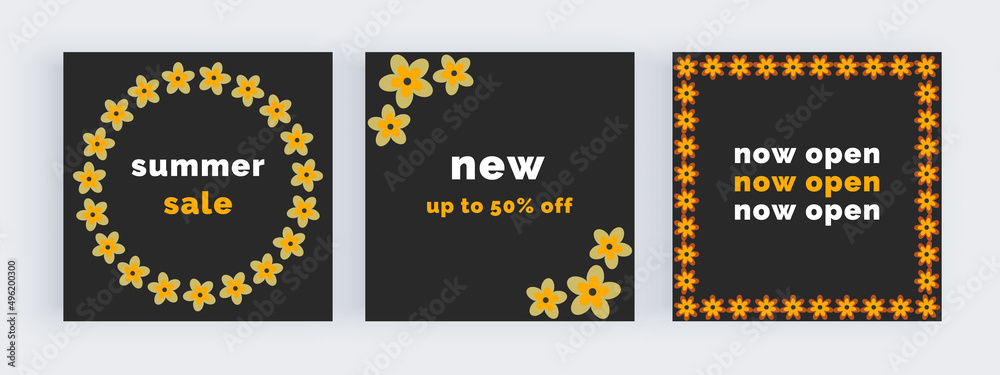 Naklejka premium Black with retro flowers banners template for social media posts 