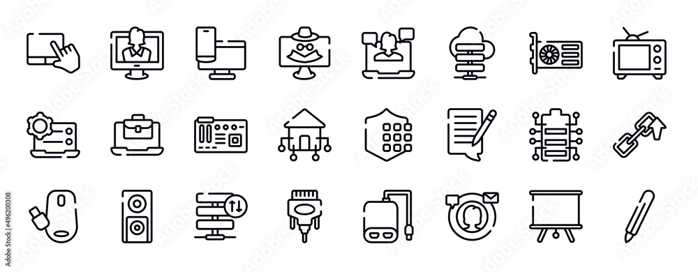 computer functions thin line icons collection. computer functions editable outline icons set. gpu, broadcasting, preferences, job opportunities, motherboard, domotics stock vector.