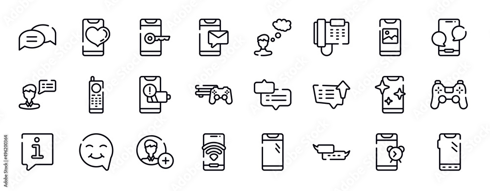 smartphones thin line icons collection. smartphones editable outline icons set. photo on phone screen, phone with message, male, first commercial phone, with low battery, video game console ps4