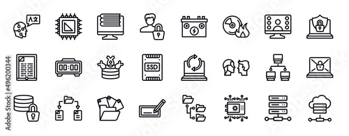network and database thin line icons collection. network and database editable outline icons set. null, internet security, , digital clock, ddos, ssd stock vector.