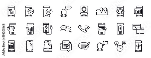 mobile phones thin line icons collection. mobile phones editable outline icons set. exchanging arrows, , bell interface, 4g phone connection, phone plug, chat bubbles with ellipsis stock vector.