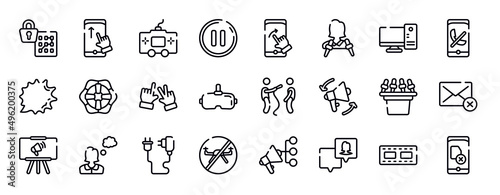 mobile functions thin line icons collection. mobile functions editable outline icons set. desktop computer, missed call, shout, lifeguard, , virtual reality glasses stock vector.