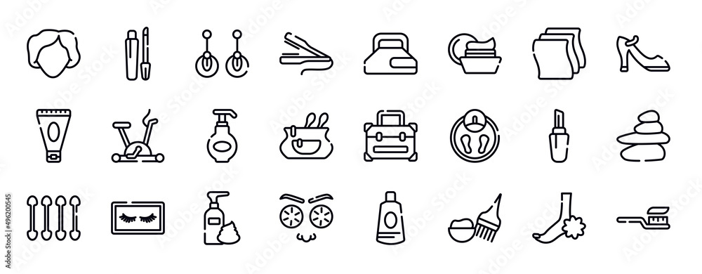 Fototapeta premium beauty & spa thin line icons collection. beauty & spa editable outline icons set. cleaning wipes, high heel shoe, anti aging cream, null, moisturizing lotion, cosmetic bag stock vector.