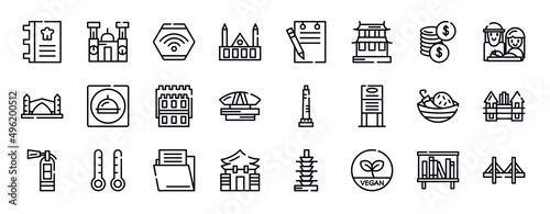 linear monuments thin line icons collection. linear monuments editable outline icons set. dollar coins, holy family, stari most, restaurant app, white tower of thessaloniki, dprmpr building stock