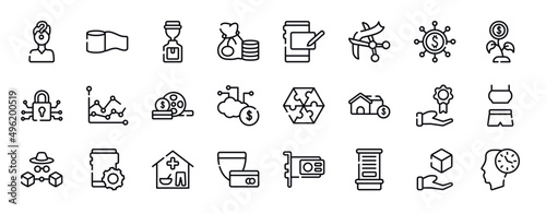 cryptocurrency thin line icons collection. cryptocurrency editable outline icons set. proof of burn, decentralized, personal security, debit card, devaluation, yen stock vector.