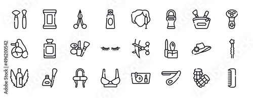 beautiful thin line icons collection. beautiful editable outline icons set. little makeup box  electric shaver for women  parfum  french perfume bottle  cosmetic tools  two eyelashes stock vector.