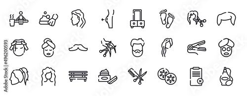 beauty thin line icons collection. beauty editable outline icons set. female hair cut with scissors, boy hair shape, curlers, face mask, mustache, haircut stock vector.