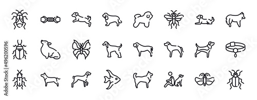 insects thin line icons collection. insects editable outline icons set. dog lying, shetland sheepdog, pollen beetle, corgi, leaf butterfly, afghan hound stock vector.