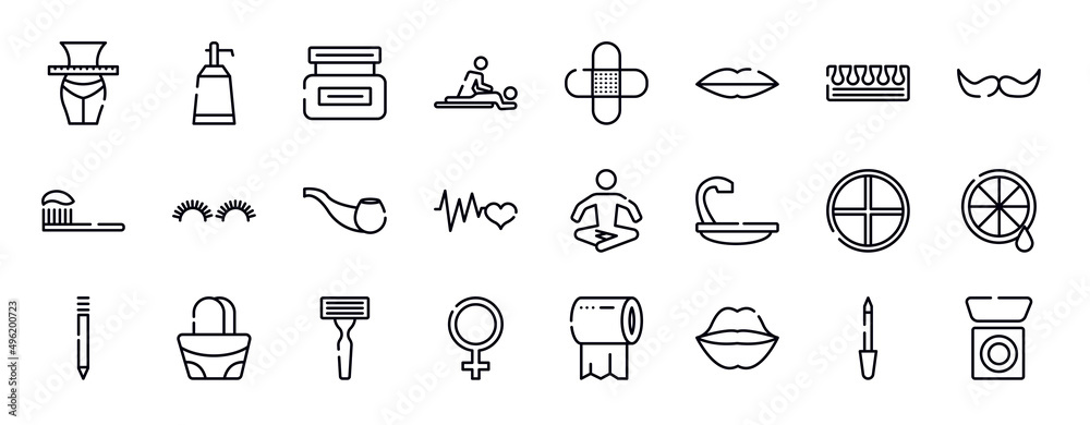 beauty thin line icons collection. beauty editable outline icons set. toe separator, facial hair, brushing, grace, smoking pipe, cardiogram stock vector.