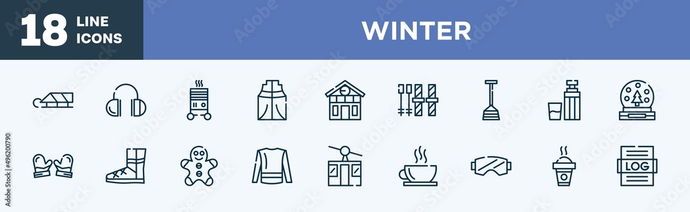 set of winter icons in outline style. winter thin line icons collection. sledge, earmuffs, electric heater, anorak vest, chalet, ski equiptment vector.