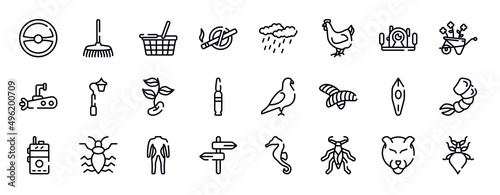 insects thin line icons collection. insects editable outline icons set. underwater photography  wheelbarrow  submarine  streetlight  beans  bullets stock vector.