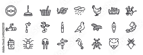 insects thin line icons collection. insects editable outline icons set. underwater photography, wheelbarrow, submarine, streetlight, beans, bullets stock vector.
