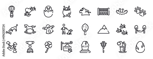 birds pack thin line icons collection. birds pack editable outline icons set. birds in nest  dog paw  dog smelling a bone  horse rocker  ghost  dog with owner stock vector.