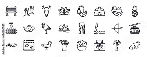 in the zoo thin line icons collection. in the zoo editable outline icons set. nest, pine, swing, teapot, flamingo, sun stock vector.