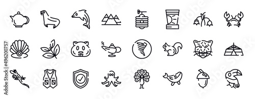 birds thin line icons collection. birds editable outline icons set. harebell, crab, pearl, herb, hamster, magic lamp stock vector.