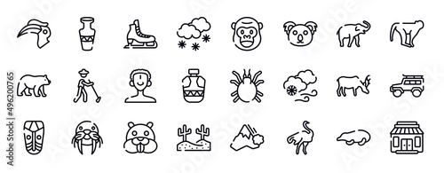 in the zoo thin line icons collection. in the zoo editable outline icons set. safari, monkeys, carnivore, gardener, african man, canteen stock vector.