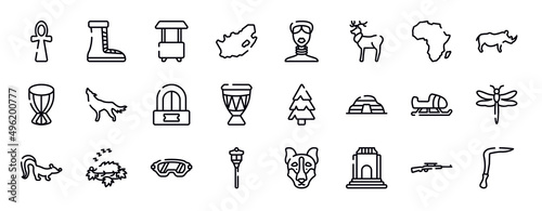 africa thin line icons collection. africa editable outline icons set. africa, rhino, african drum, wolf, ticket office, drum stock vector.