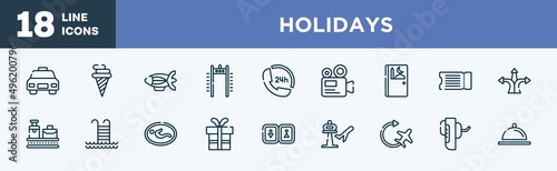 set of holidays icons in outline style. holidays thin line icons collection. taxi frontal vehicle, icecream cone, blimp, airport security portal, 24 hours phone attention service, camera recorder