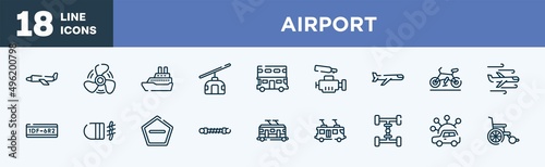 set of airport icons in outline style. airport thin line icons collection. airplane of paper sheet, ship propeller, cruise ship, null, double decker, car engine vector.