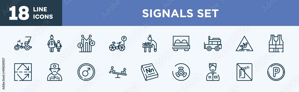 set of signals set icons in outline style. signals set thin line icons collection. cycle rickshaw, mother and child, yield, bike parking, baby changer, bed vector. set of signals set icons in outline style. signals set thin line icons collection. cycle rickshaw, mother and child, yield, bike parking, baby changer, bed vector.